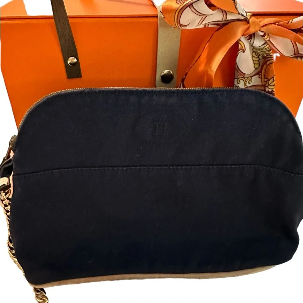 Authentic Hermes Bolide Cosmetic Pouch Navy Blue